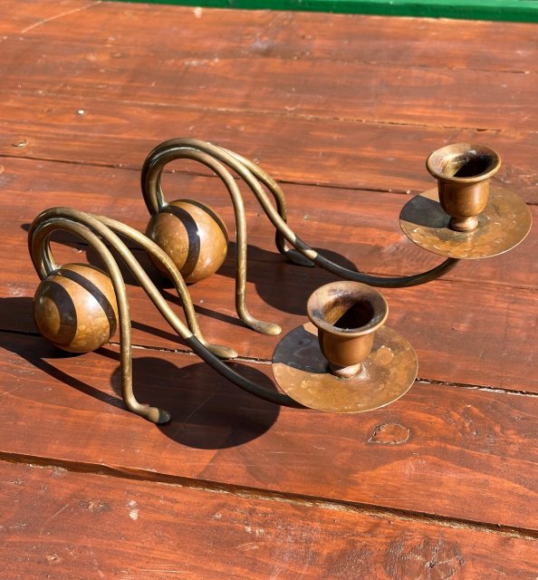 Beautiful Art Nouveau Brass & Copper German Candle Holder Pair