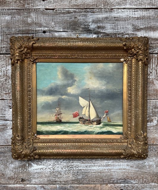Antique 18th Century English Maritime Oil On Board Painting