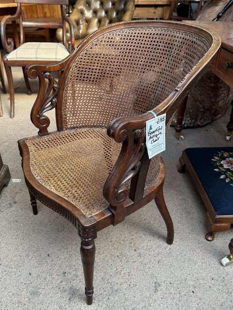 Antique Cane Upholstered Carved Mahogany Chair
