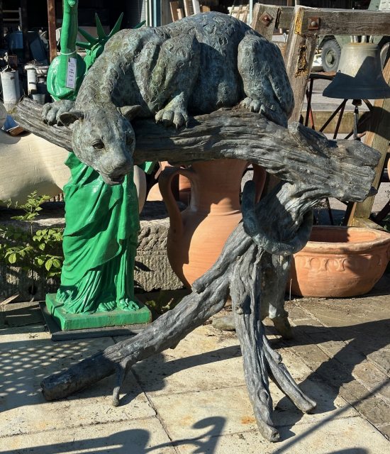 Large Menacing Patinated Copper Jaguar On Branch Statue