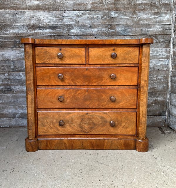 Antique Victorian Burr Walnut Chest Of Drawers With Columns