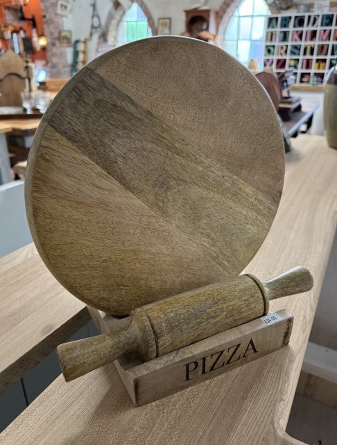 Wooden Pizza Board with Stand and Rolling Pin