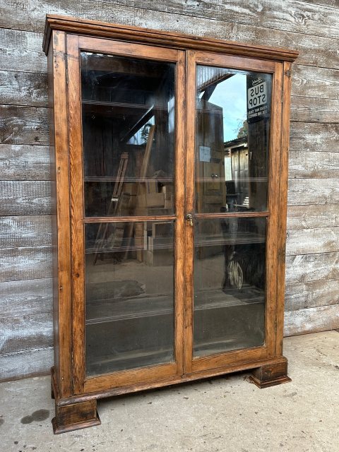Antique Pine Glazed Front Bookcase Cabinet