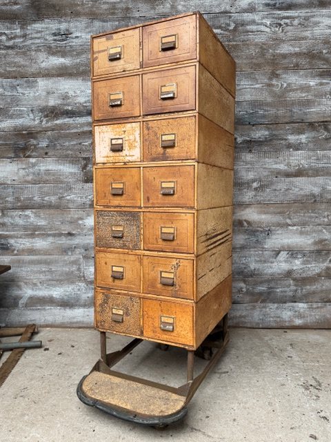 Large Vintage Rustic Metal Bank Of Drawers