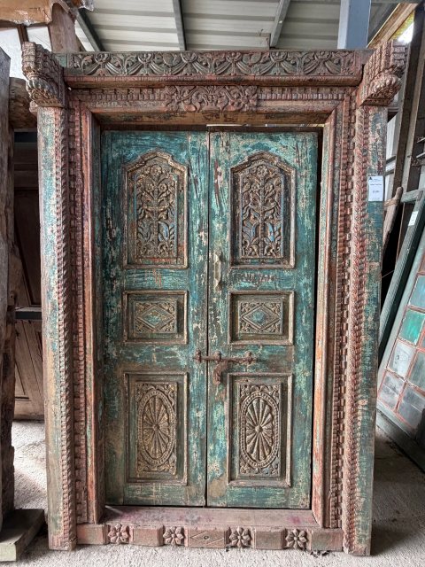 Fabulous & Large Indian Painted Teak Framed Door