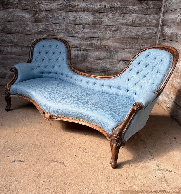 Antique Victorian Blue Upholstered Chaise Lounge Sofa