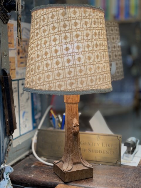 20th Century Mouseman Carved Oak Lamp With Shade