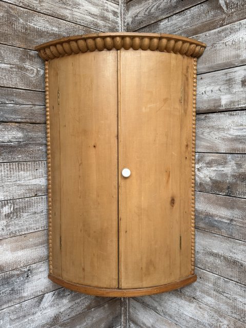 Antique Stripped Pine Bowfronted Hanging Corner Cupboard