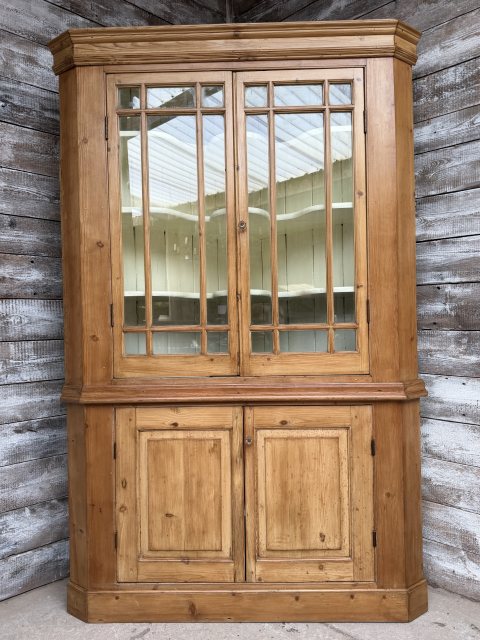 Large Antique Waxed Pine Corner Cupboard