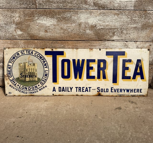 Rare Antique Tower Tea Enamel Sign "A Daily Treat"