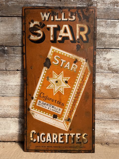 Antique Orange Wills Star Cigarettes Enamel Sign