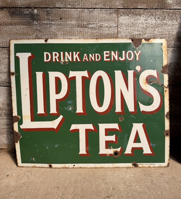 Stunning Antique Liptons Tea Green Enamel Sign