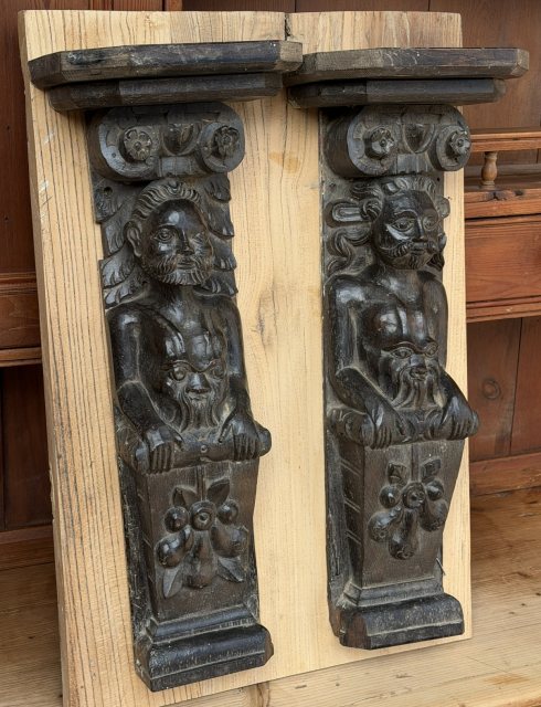 Rare Pair Of 17th Century English Oak Carved Herm Figures