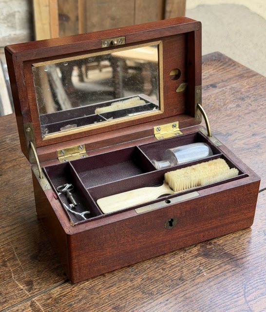Antique Mahogany Campaign Dressing Box With Mirror