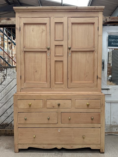 Antique 19thC Stripped Pine Linen Press Wardrobe