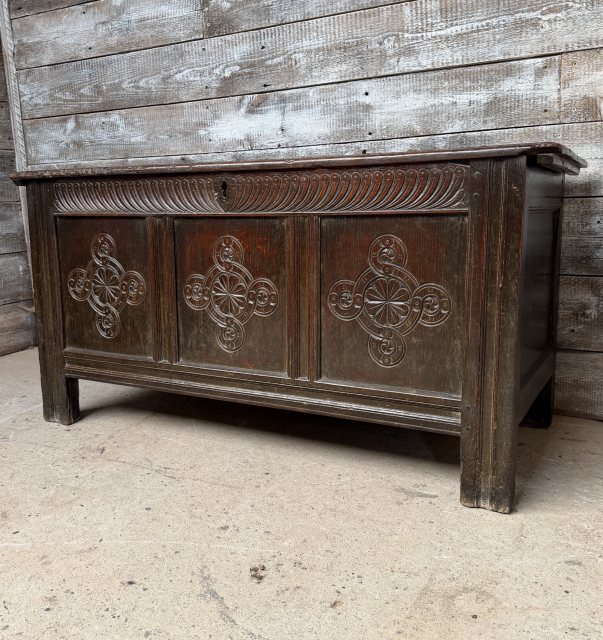 Antique Carved 18thC English Oak Coffer