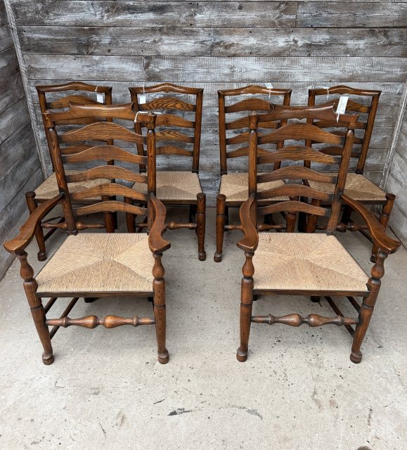 A Set Of 6 Rush Seated Ladder Back Oak Dining Chairs