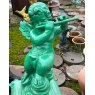 Painted Cast Iron Cherub Playing Flute On Plinth Statue