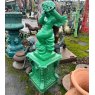 Painted Cast Iron Cherub Playing Flute On Plinth Statue